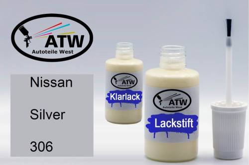 Nissan, Silver, 306: 20ml Lackstift + 20ml Klarlack - Set, von ATW Autoteile West.