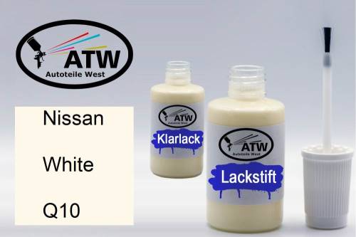 Nissan, White, Q10: 20ml Lackstift + 20ml Klarlack - Set, von ATW Autoteile West.