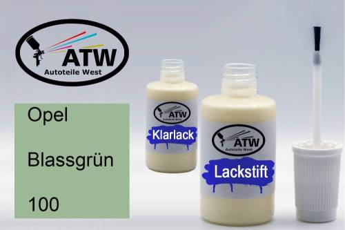 Opel, Blassgrün, 100: 20ml Lackstift + 20ml Klarlack - Set, von ATW Autoteile West.