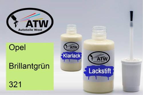 Opel, Brillantgrün, 321: 20ml Lackstift + 20ml Klarlack - Set, von ATW Autoteile West.