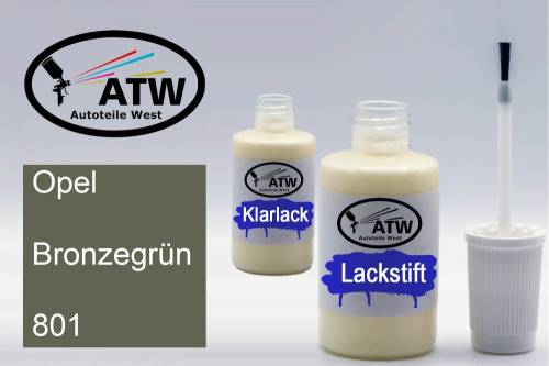 Opel, Bronzegrün, 801: 20ml Lackstift + 20ml Klarlack - Set, von ATW Autoteile West.