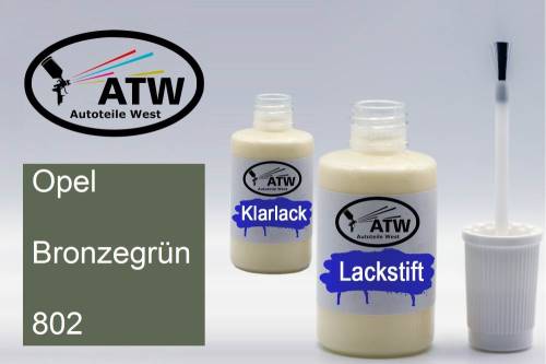 Opel, Bronzegrün, 802: 20ml Lackstift + 20ml Klarlack - Set, von ATW Autoteile West.