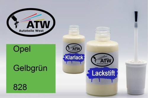 Opel, Gelbgrün, 828: 20ml Lackstift + 20ml Klarlack - Set, von ATW Autoteile West.