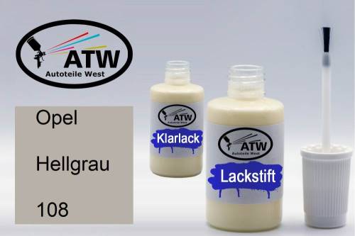 Opel, Hellgrau, 108: 20ml Lackstift + 20ml Klarlack - Set, von ATW Autoteile West.