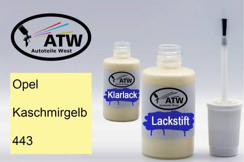 Opel, Kaschmirgelb, 443: 20ml Lackstift + 20ml Klarlack - Set, von ATW Autoteile West.