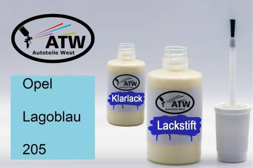 Opel, Lagoblau, 205: 20ml Lackstift + 20ml Klarlack - Set, von ATW Autoteile West.