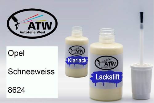 Opel, Schneeweiss, 8624: 20ml Lackstift + 20ml Klarlack - Set, von ATW Autoteile West.