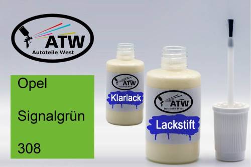 Opel, Signalgrün, 308: 20ml Lackstift + 20ml Klarlack - Set, von ATW Autoteile West.