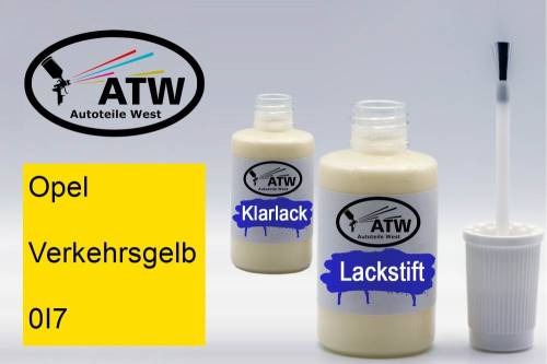 Opel, Verkehrsgelb, 0I7: 20ml Lackstift + 20ml Klarlack - Set, von ATW Autoteile West.