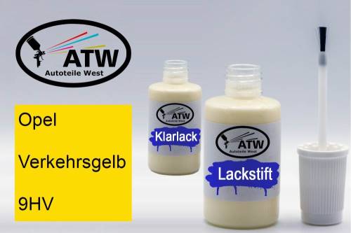 Opel, Verkehrsgelb, 9HV: 20ml Lackstift + 20ml Klarlack - Set, von ATW Autoteile West.