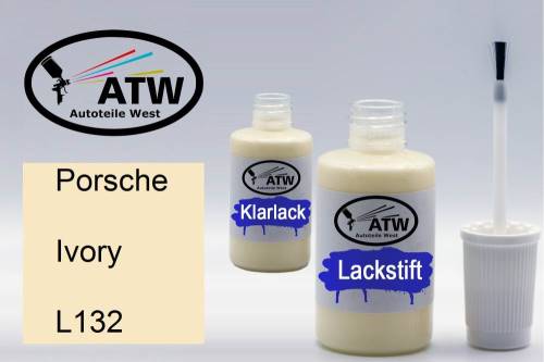 Porsche, Ivory, L132: 20ml Lackstift + 20ml Klarlack - Set, von ATW Autoteile West.