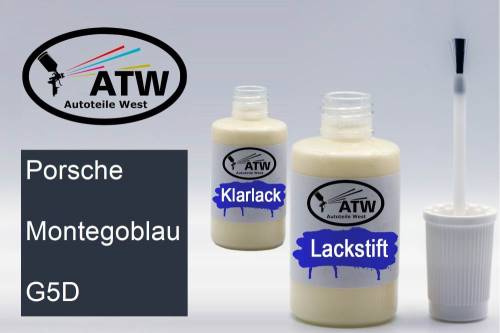 Porsche, Montegoblau, G5D: 20ml Lackstift + 20ml Klarlack - Set, von ATW Autoteile West.