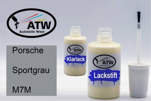 Porsche, Sportgrau, M7M: 20ml Lackstift + 20ml Klarlack - Set, von ATW Autoteile West.