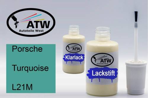 Porsche, Turquoise, L21M: 20ml Lackstift + 20ml Klarlack - Set, von ATW Autoteile West.