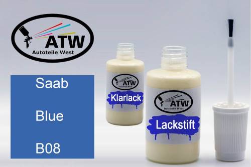 Saab, Blue, B08: 20ml Lackstift + 20ml Klarlack - Set, von ATW Autoteile West.