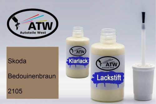 Skoda, Bedouinenbraun, 2105: 20ml Lackstift + 20ml Klarlack - Set, von ATW Autoteile West.