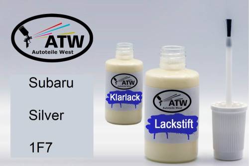 Subaru, Silver, 1F7: 20ml Lackstift + 20ml Klarlack - Set, von ATW Autoteile West.