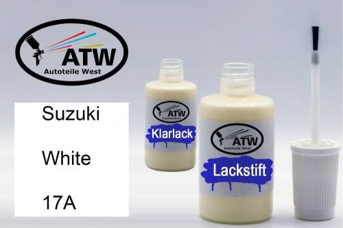 Suzuki, White, 17A: 20ml Lackstift + 20ml Klarlack - Set, von ATW Autoteile West.