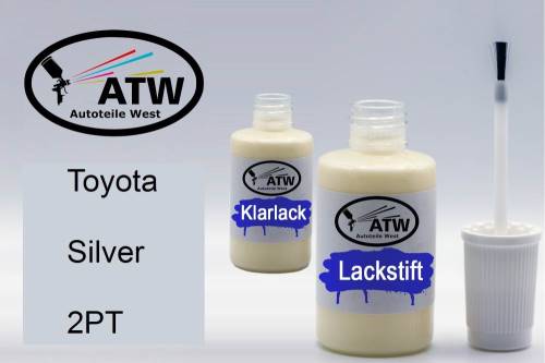 Toyota, Silver, 2PT: 20ml Lackstift + 20ml Klarlack - Set, von ATW Autoteile West.