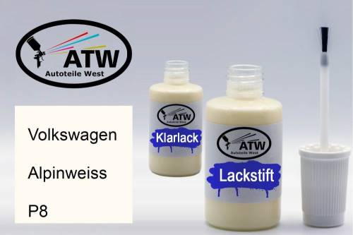 Volkswagen, Alpinweiss, P8: 20ml Lackstift + 20ml Klarlack - Set, von ATW Autoteile West.