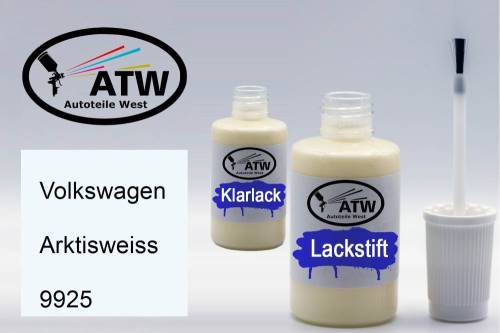 Volkswagen, Arktisweiss, 9925: 20ml Lackstift + 20ml Klarlack - Set, von ATW Autoteile West.