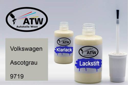 Volkswagen, Ascotgrau, 9719: 20ml Lackstift + 20ml Klarlack - Set, von ATW Autoteile West.