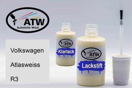 Volkswagen, Atlasweiss, R3: 20ml Lackstift + 20ml Klarlack - Set, von ATW Autoteile West.