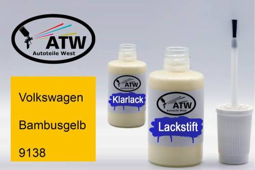 Volkswagen, Bambusgelb, 9138: 20ml Lackstift + 20ml Klarlack - Set, von ATW Autoteile West.