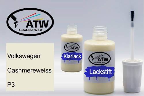 Volkswagen, Cashmereweiss, P3: 20ml Lackstift + 20ml Klarlack - Set, von ATW Autoteile West.