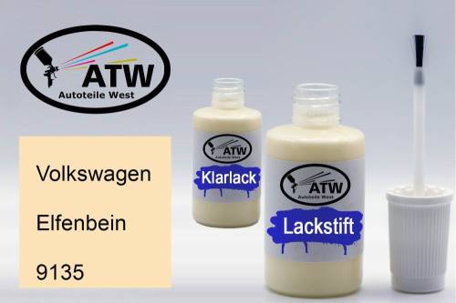 Volkswagen, Elfenbein, 9135: 20ml Lackstift + 20ml Klarlack - Set, von ATW Autoteile West.