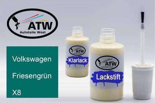 Volkswagen, Friesengrün, X8: 20ml Lackstift + 20ml Klarlack - Set, von ATW Autoteile West.