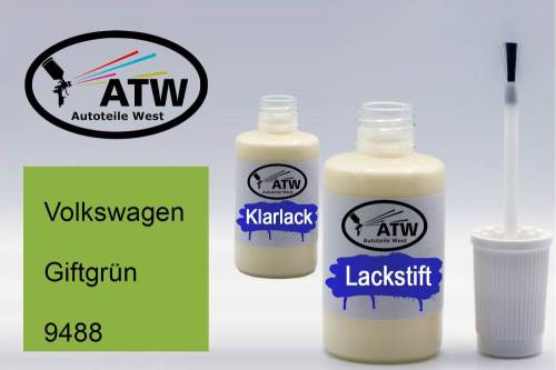 Volkswagen, Giftgrün, 9488: 20ml Lackstift + 20ml Klarlack - Set, von ATW Autoteile West.