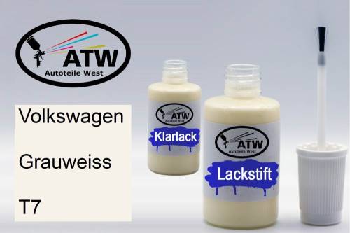 Volkswagen, Grauweiss, T7: 20ml Lackstift + 20ml Klarlack - Set, von ATW Autoteile West.