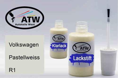 Volkswagen, Pastellweiss, R1: 20ml Lackstift + 20ml Klarlack - Set, von ATW Autoteile West.