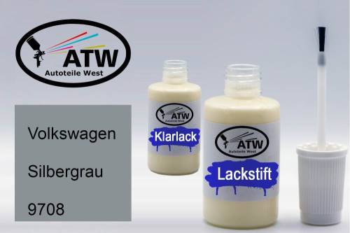 Volkswagen, Silbergrau, 9708: 20ml Lackstift + 20ml Klarlack - Set, von ATW Autoteile West.