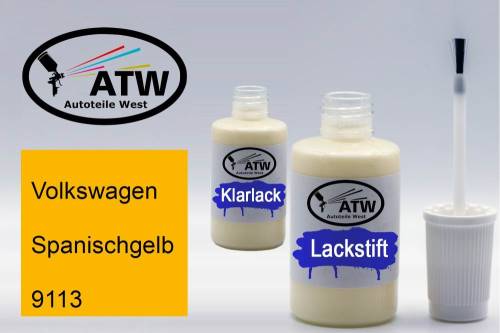 Volkswagen, Spanischgelb, 9113: 20ml Lackstift + 20ml Klarlack - Set, von ATW Autoteile West.