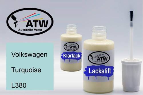 Volkswagen, Turquoise, L380: 20ml Lackstift + 20ml Klarlack - Set, von ATW Autoteile West.