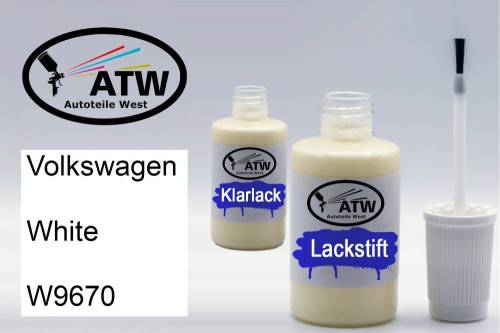 Volkswagen, White, W9670: 20ml Lackstift + 20ml Klarlack - Set, von ATW Autoteile West.