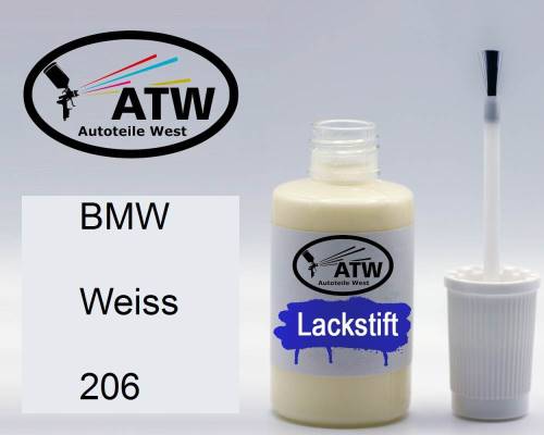 BMW, Weiss, 206: 20ml Lackstift, von ATW Autoteile West.