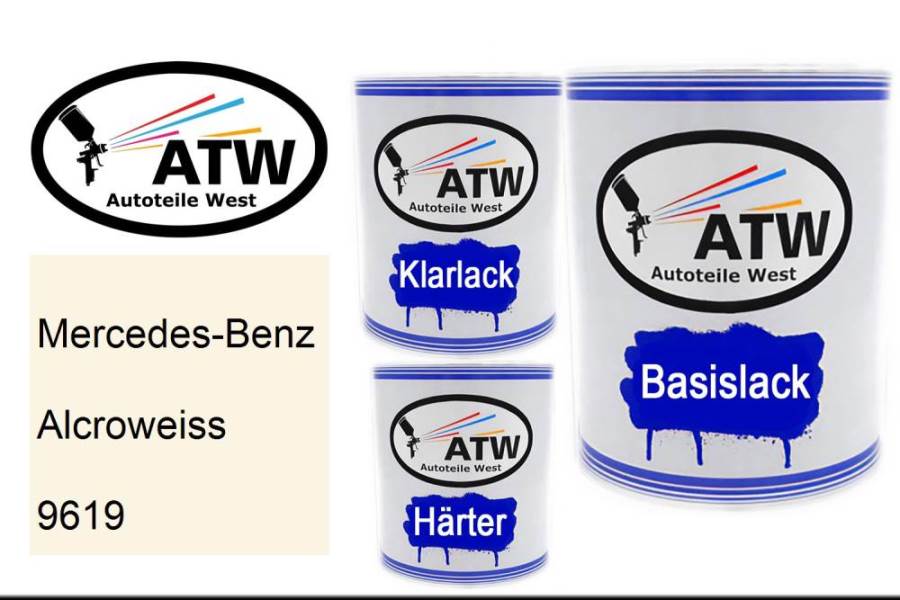 Mercedes-Benz, Alcroweiss, 9619: 1L Lackdose + 1L Klarlack + 500ml Härter - Set, von ATW Autoteile West.