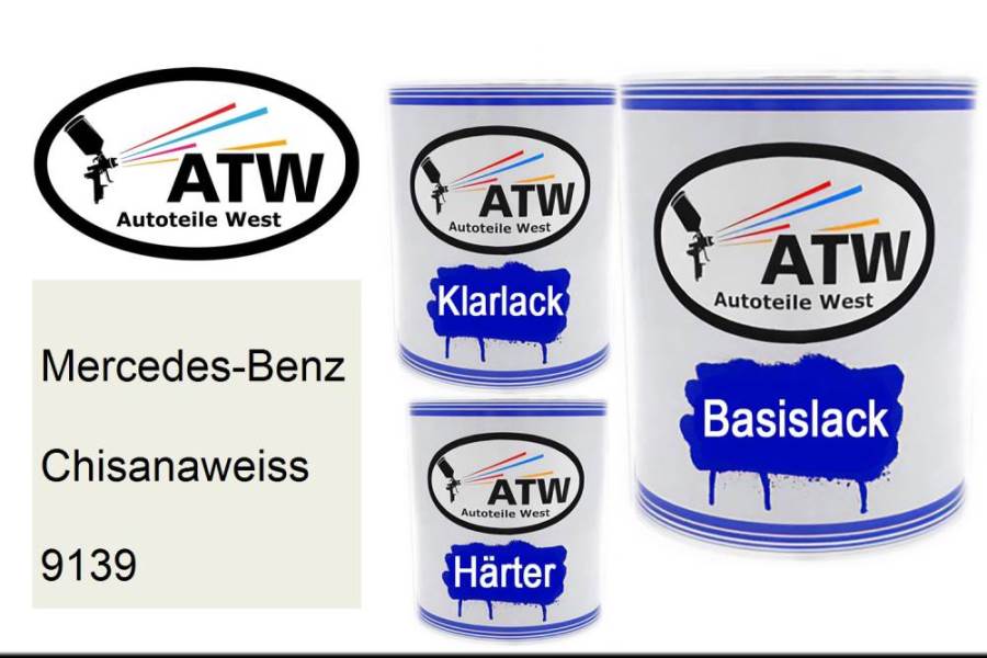 Mercedes-Benz, Chisanaweiss, 9139: 1L Lackdose + 1L Klarlack + 500ml Härter - Set, von ATW Autoteile West.