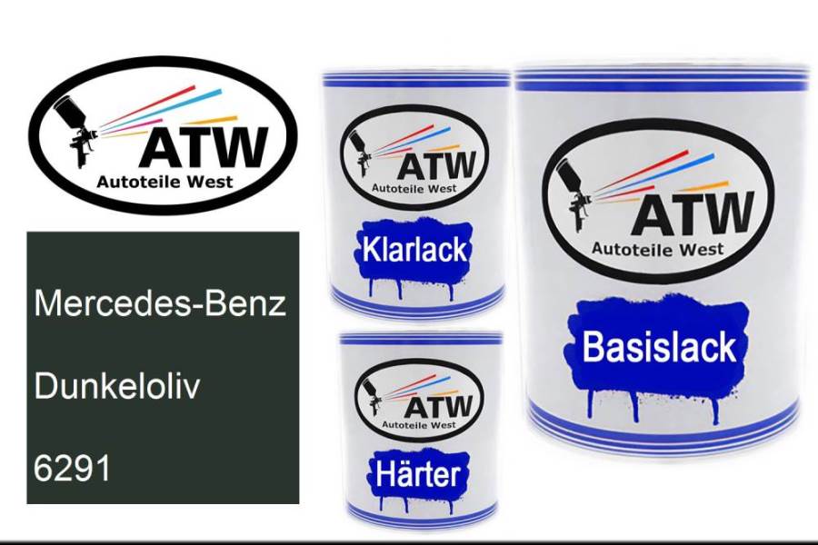Mercedes-Benz, Dunkeloliv, 6291: 1L Lackdose + 1L Klarlack + 500ml Härter - Set, von ATW Autoteile West.