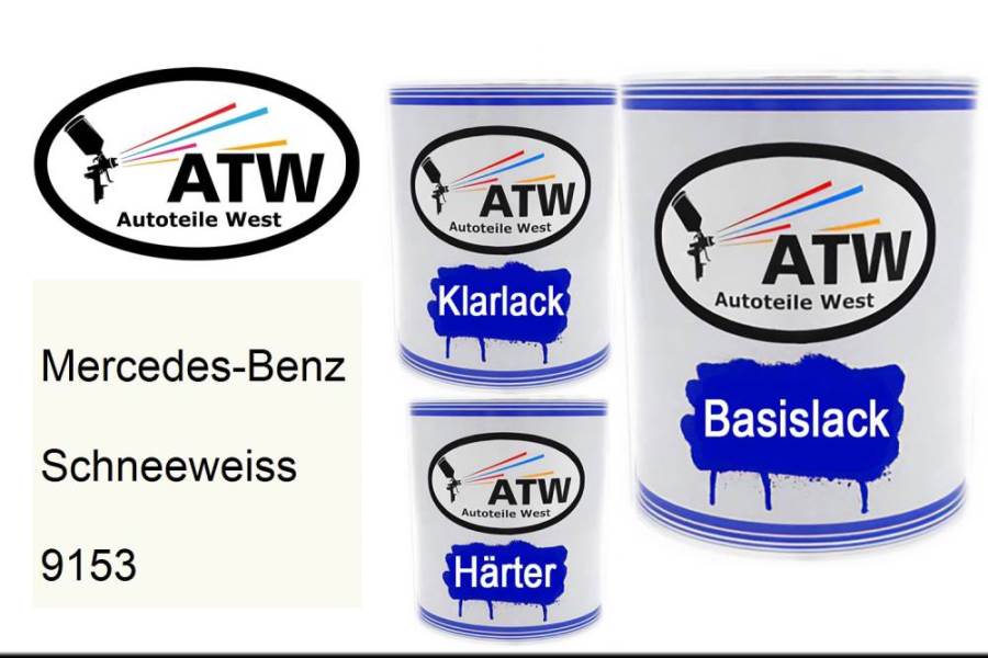 Mercedes-Benz, Schneeweiss, 9153: 1L Lackdose + 1L Klarlack + 500ml Härter - Set, von ATW Autoteile West.