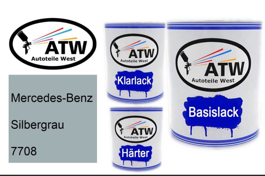Mercedes-Benz, Silbergrau, 7708: 1L Lackdose + 1L Klarlack + 500ml Härter - Set, von ATW Autoteile West.