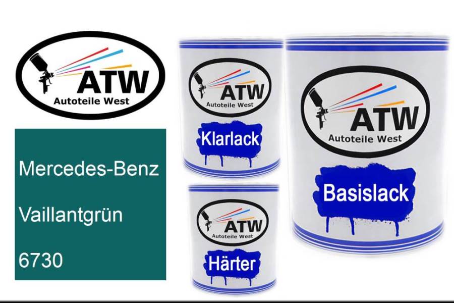 Mercedes-Benz, Vaillantgrün, 6730: 1L Lackdose + 1L Klarlack + 500ml Härter - Set, von ATW Autoteile West.