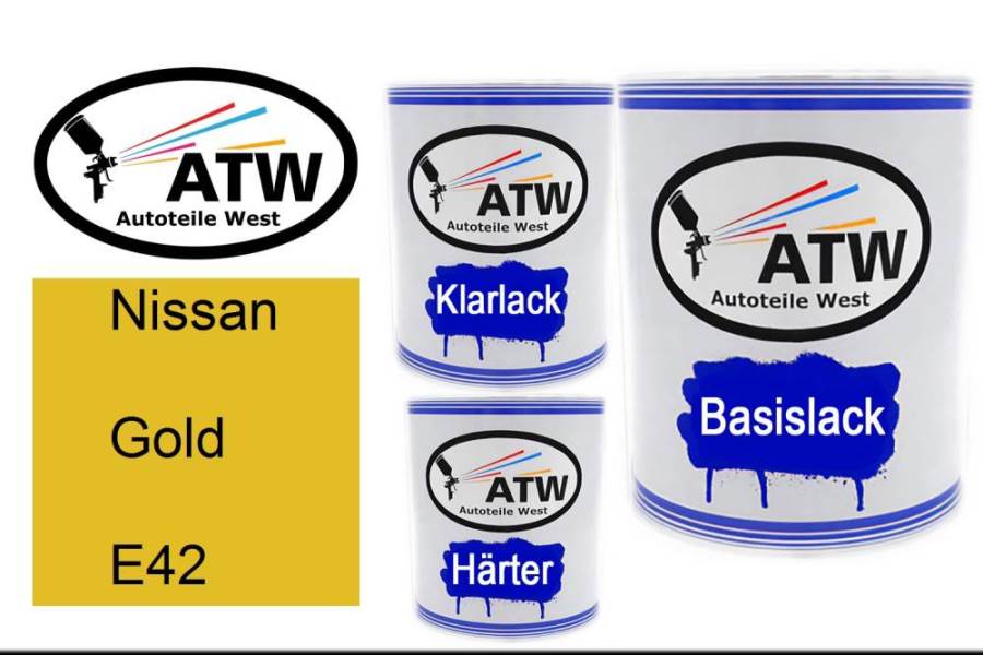 Nissan, Gold, E42: 1L Lackdose + 1L Klarlack + 500ml Härter - Set, von ATW Autoteile West.