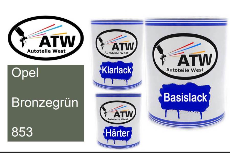 Opel, Bronzegrün, 853: 1L Lackdose + 1L Klarlack + 500ml Härter - Set, von ATW Autoteile West.