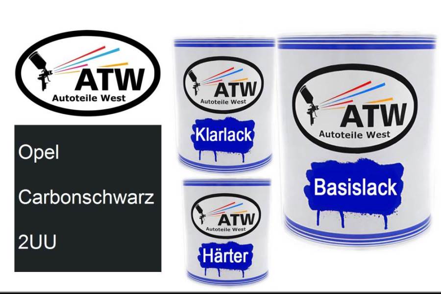 Opel, Carbonschwarz, 2UU: 1L Lackdose + 1L Klarlack + 500ml Härter - Set, von ATW Autoteile West.