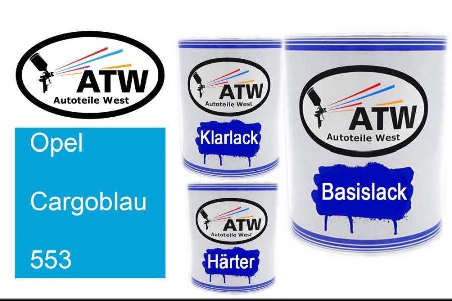 Opel, Cargoblau, 553: 1L Lackdose + 1L Klarlack + 500ml Härter - Set, von ATW Autoteile West.