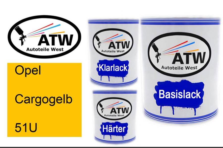 Opel, Cargogelb, 51U: 1L Lackdose + 1L Klarlack + 500ml Härter - Set, von ATW Autoteile West.